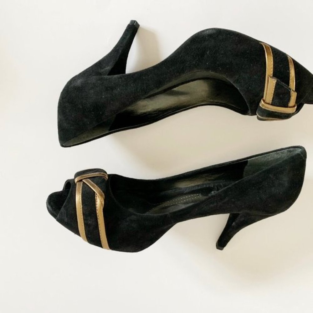DKNY Open Toe Heels Black & Gold Size 9.5